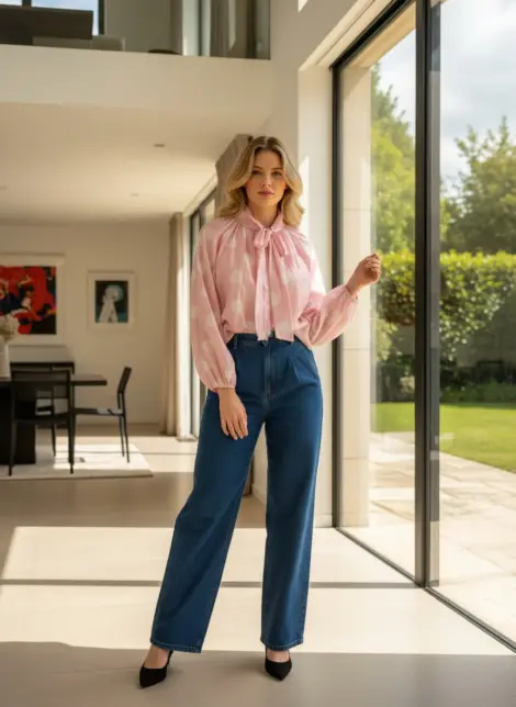 Blouse à pois avec nœud au cou