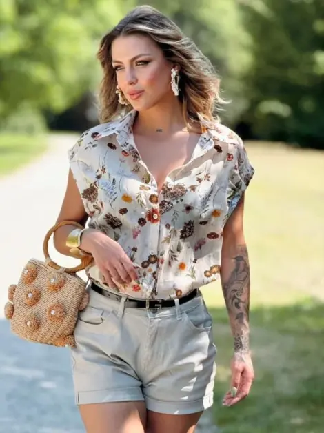 Chemise/Blouse 100% coton sans manches à imprimé fleurs