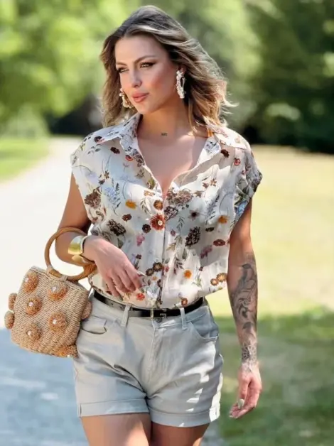 Chemise/Blouse 100% coton sans manches à imprimé fleurs