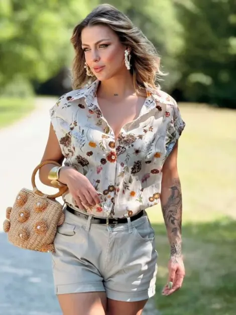 Chemise/Blouse 100% coton sans manches à imprimé fleurs