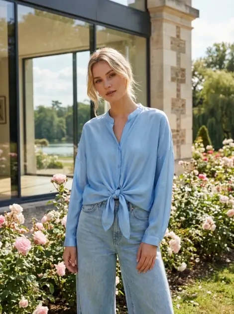 Chemise blouse 85% tencel à nouer fluide et ample, manches longues effet soie