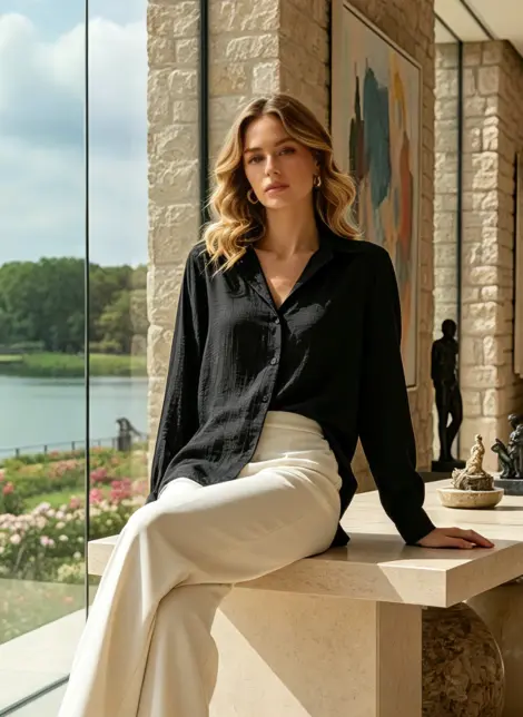 Chemise blouse asymétrique fluide en viscose col classique et coupe oversize