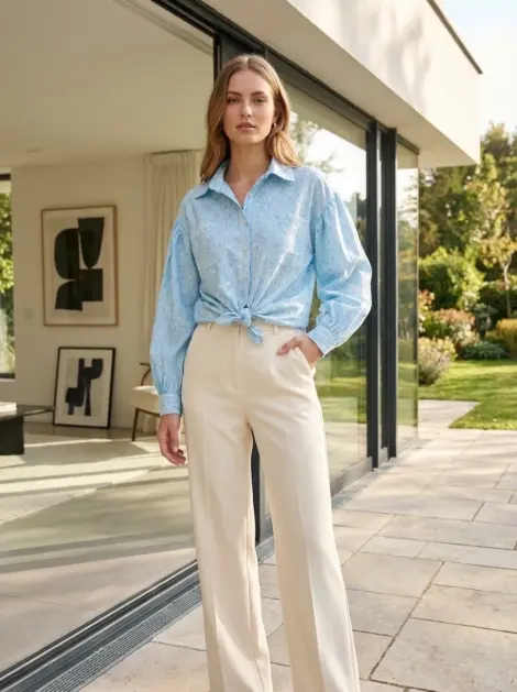 Chemise blouse bohème en coton, manches bouffantes, imprimé pois-rayures