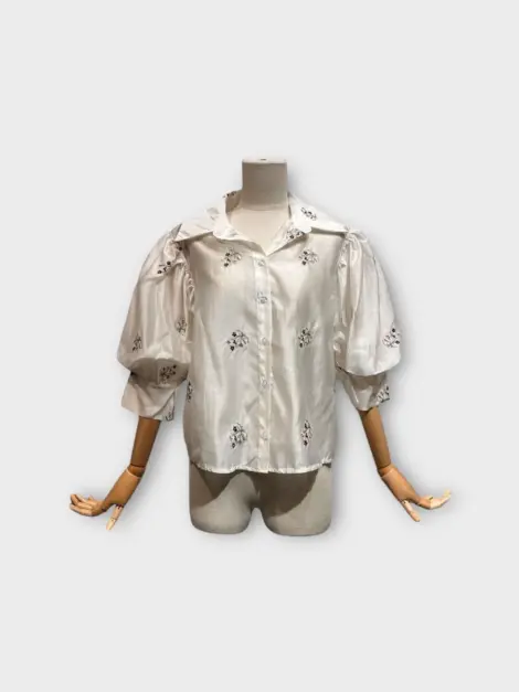 Chemise/Blouse en tencel à broderies et manches bouffantes, effet soie