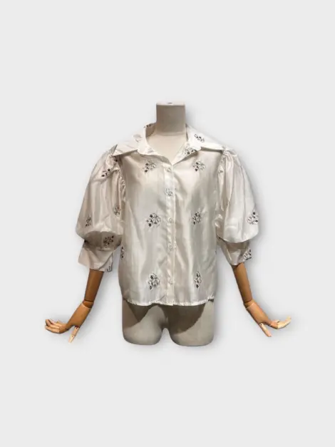 Chemise/Blouse en tencel à broderies et manches bouffantes, effet soie