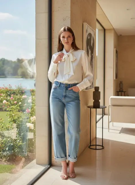 Chemise blouse en tencel à col lavallière fluide et ample, manches longues bou