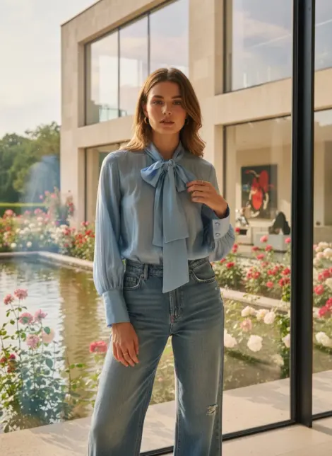 Chemise blouse en tencel à col lavallière fluide et ample, manches longues bou