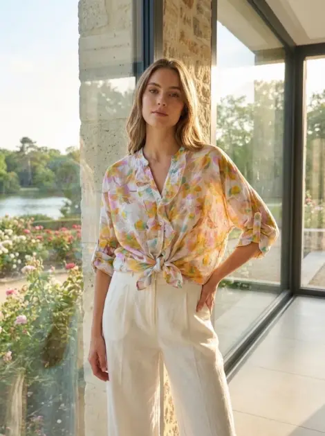 Chemise blouse en tencel fluide imprimé floral manches 3/4 nœud bohème