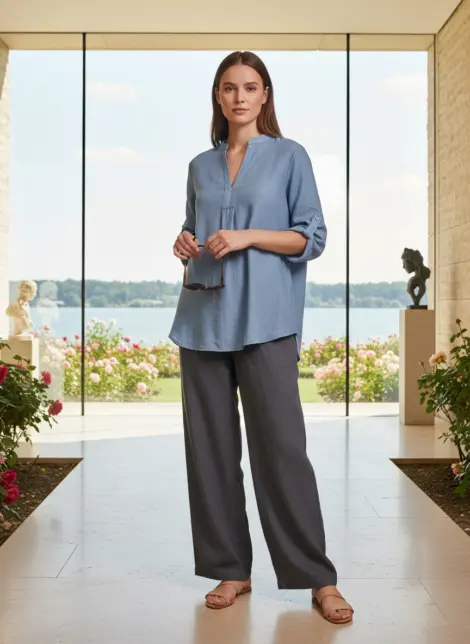 Chemise blouse en viscose texturé fluide col tunisien et manches retroussables