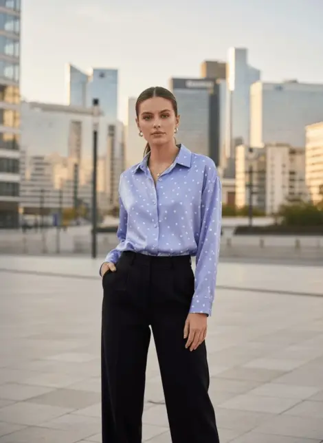 Chemise blouse fluide en viscose à manches longues et boutons effet soie satin