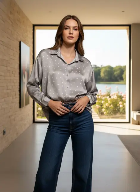 Chemise blouse fluide en viscose à manches longues et boutons effet soie satin