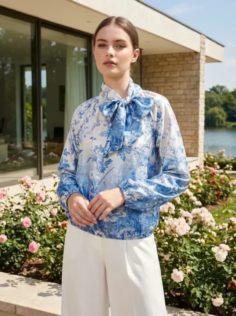 Chemise blouse fluide imprimé fleuri et broderie à col lavallière - soie satin