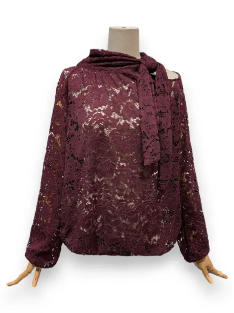 CHEMISE EN DENTELLE À COL ROND NOEUD MANCHES LONGUES DÉTAILS COTON EFFET SOIE