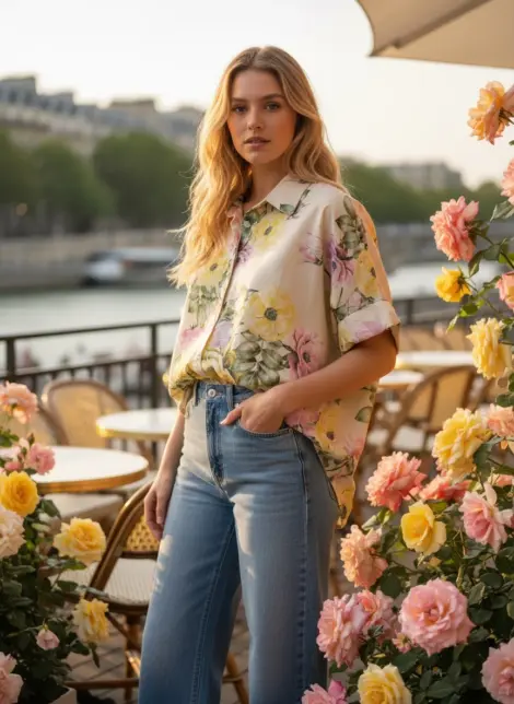 Chemise fluide au charme bucolique Oversize "Jardin de Roses"