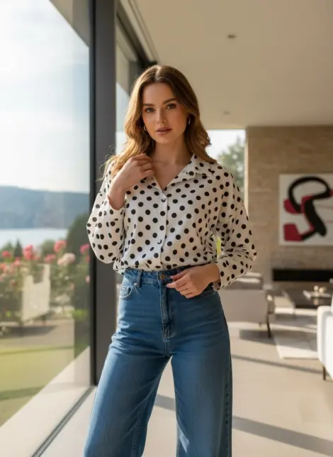 Chemise fluide évasée imprimé à poids col à revers et boutons à manches lo