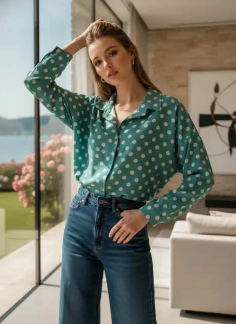 Chemise fluide évasée imprimé à poids col à revers et boutons à manches longues