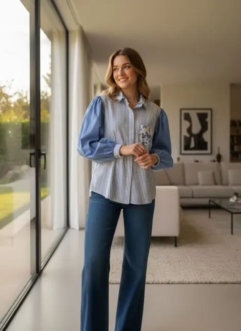 Chemise oversize en coton à rayures et fleurs - boutons et poche sur le devant