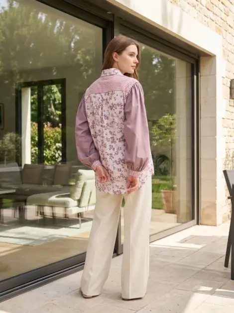 Chemise oversize en coton à rayures et fleurs - boutons et poche sur le devant