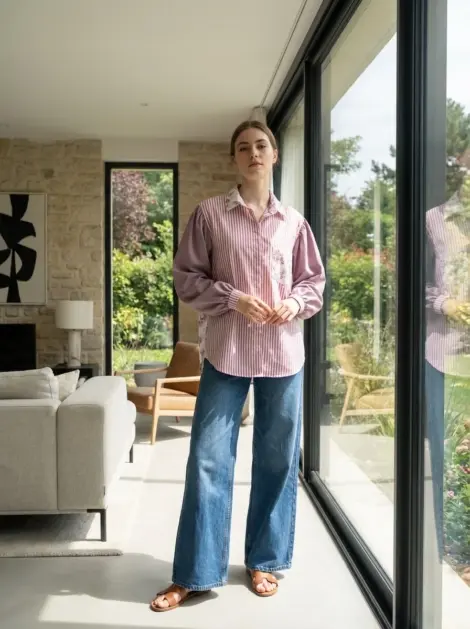 Chemise oversize en coton à rayures et fleurs - boutons et poche sur le devant
