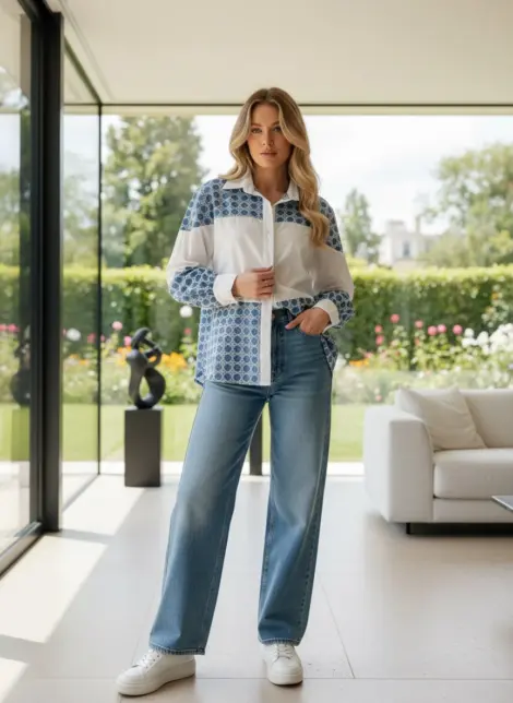 Chemise oversize en coton et col à revers à broderies fleuries et jean bohème