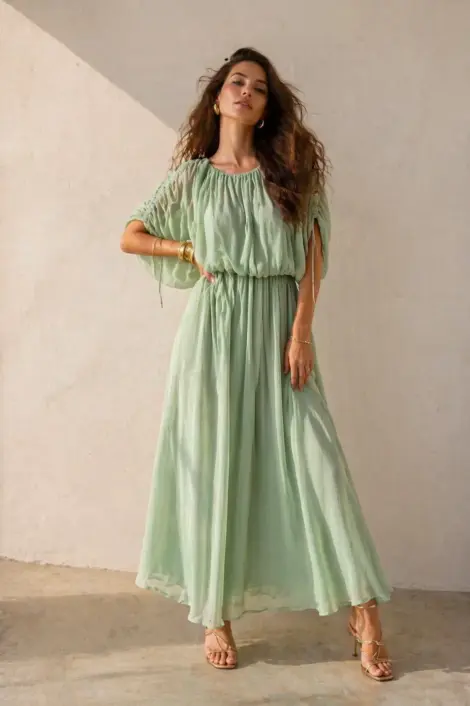 Ensemble 2 Pièces en Mousseline Vaporeuse - Top Plissé Bouffant et Jupe Longue Fluide - Style Bohème Chic & Cérémonie