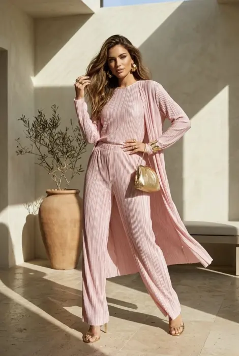 Ensemble 3 pièces plissé fluide avec kimono long