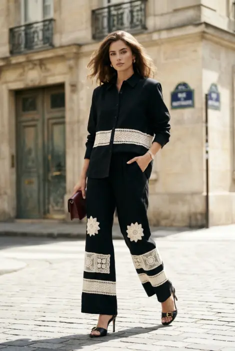 Ensemble chemise et pantalon avec détails dentelle