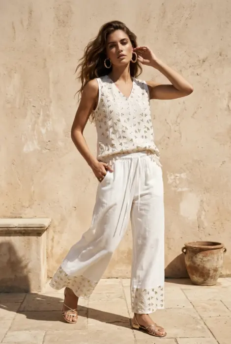 Ensemble élégant avec top brodé et pantalon fluide