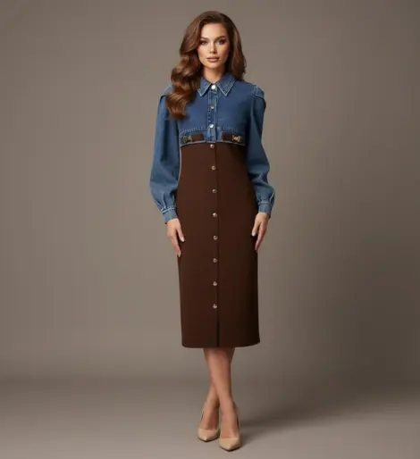 Robe bi-matière denim élégante à boutons dorés