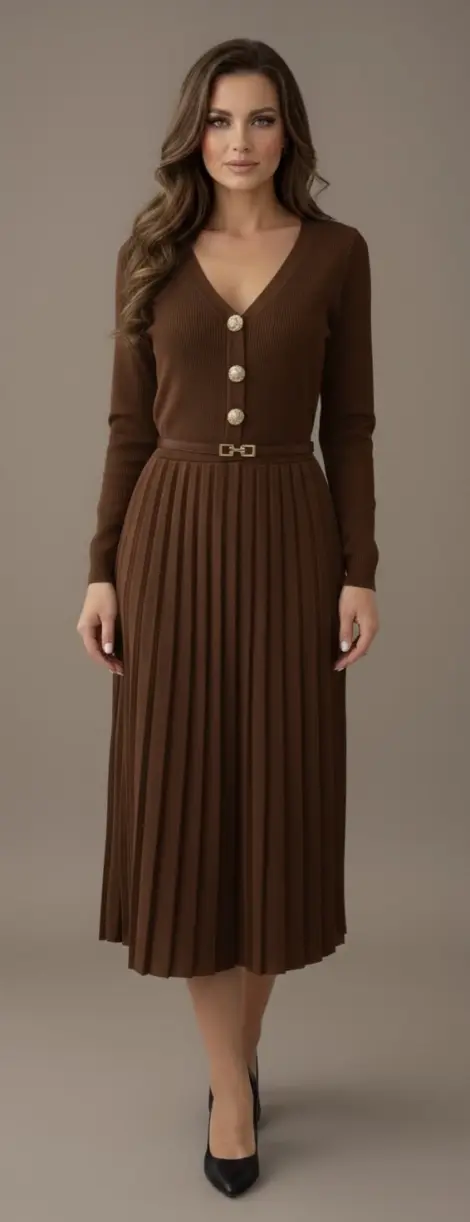 Robe en maille plissée chic avec boutons dorés