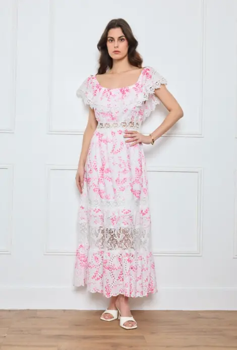 Robe longue à dentelle et imprimé