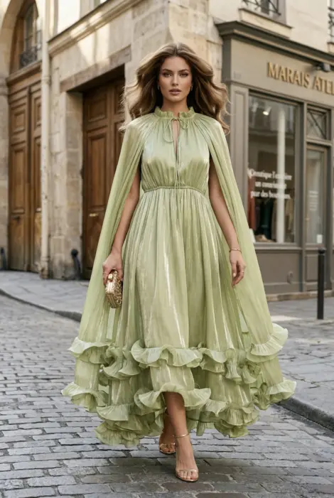 Robe longue fluide à volants avec une cape