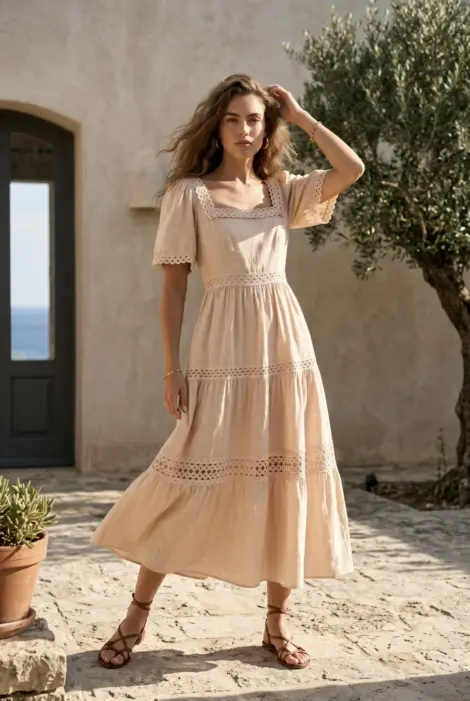 Robe longue fluide avec détails brodés