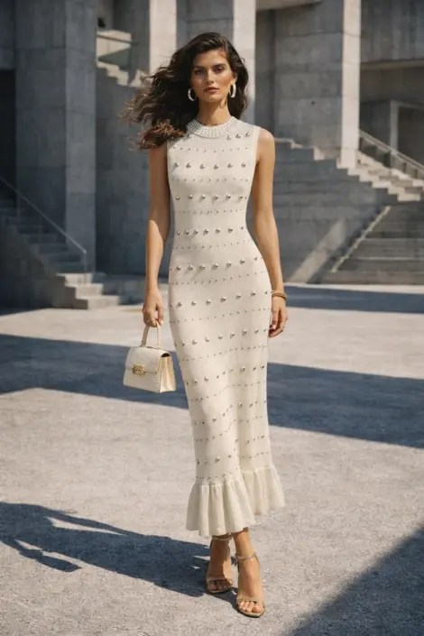 Robe midi moulante clous élégance moderne