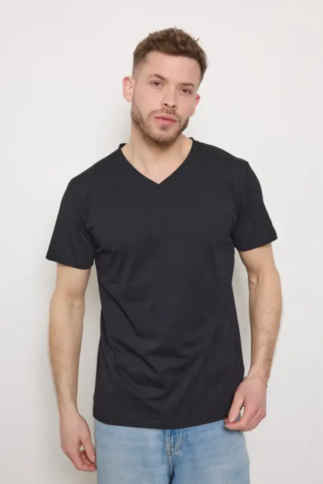 T-SHIRT UNI SIMPLE HOMME COL V MANCHE COURT