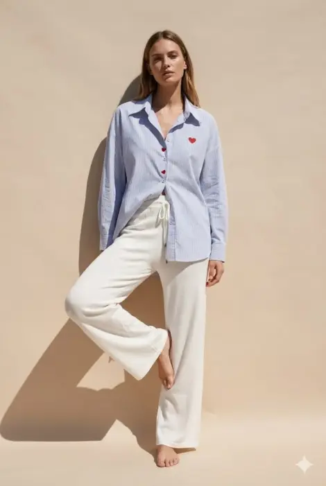 Chemise rayée cœur brodé