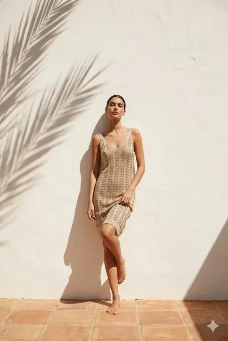 Robe courte en maille ajourée dorée – Coupe moulante