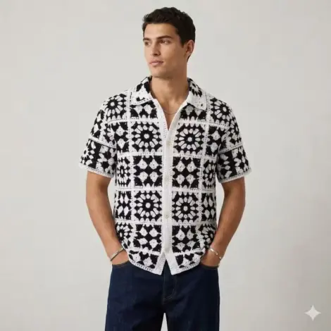 Chemise à manches courtes se démarque par son superbe travail de maille en crochet