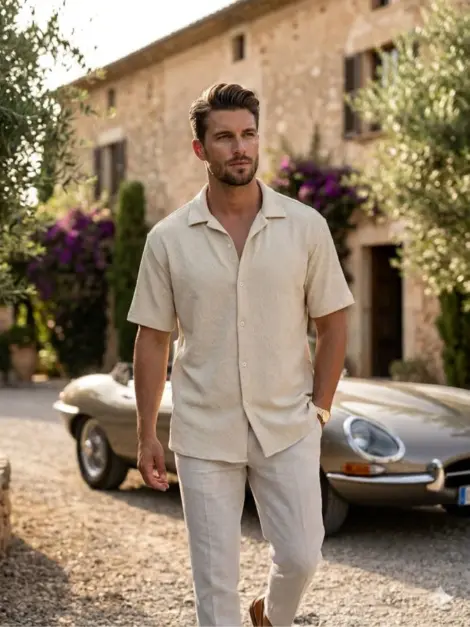 Chemise manches courtes uni homme, avec boutons, au toucher doux et texturé