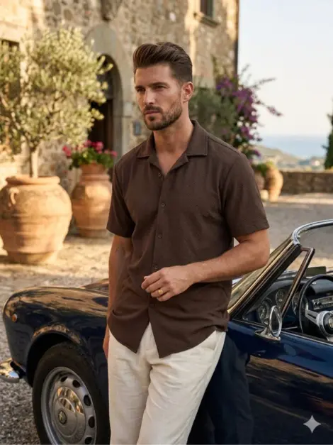 Chemise manches courtes uni homme, avec boutons, au toucher doux et texturé