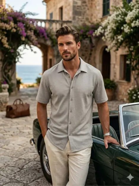 Chemise manches courtes uni homme, avec boutons, au toucher doux et texturé