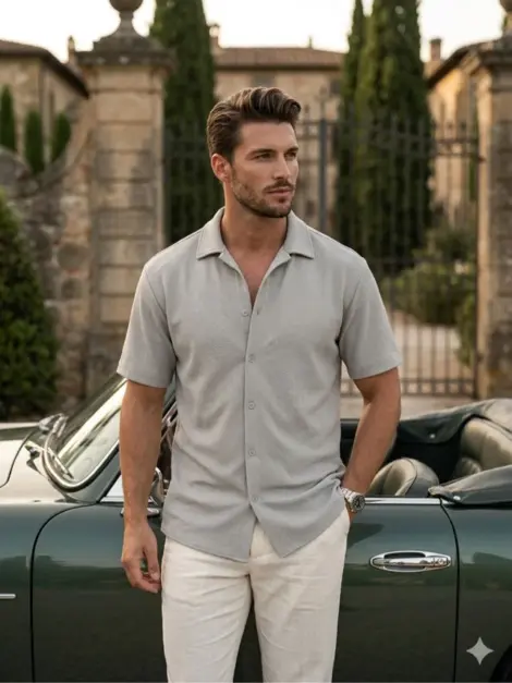 Chemise manches courtes uni homme, avec boutons, au toucher doux et texturé