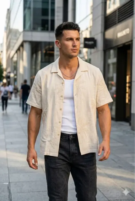 Chemise manches courtes uni homme en lin avec palmiers cousus