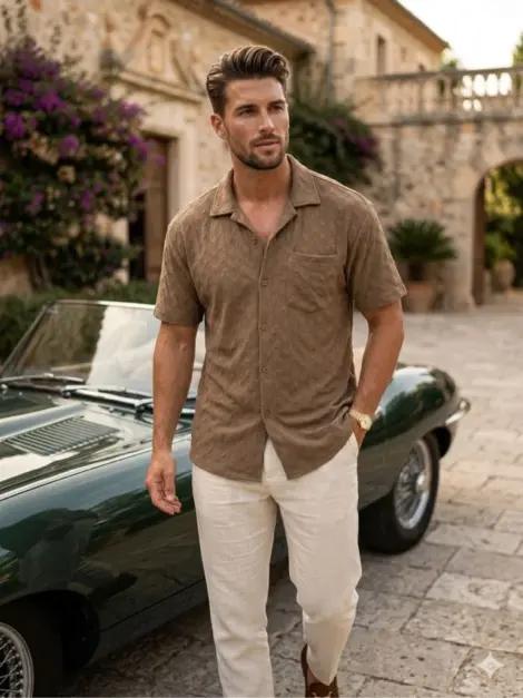 Chemise manches courtes uni homme, motifs avec boutons, au toucher doux et texturé