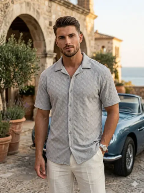 Chemise manches courtes uni homme, motifs avec boutons, au toucher doux et texturé