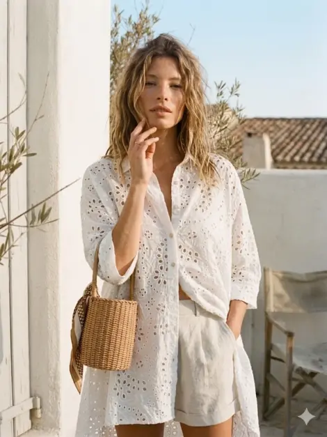 Chemise oversize longue en broderie anglaise