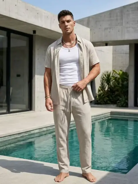 Chemisette uni homme en coton et lin