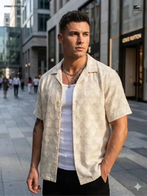 Chemisette uni homme en lin avec motif