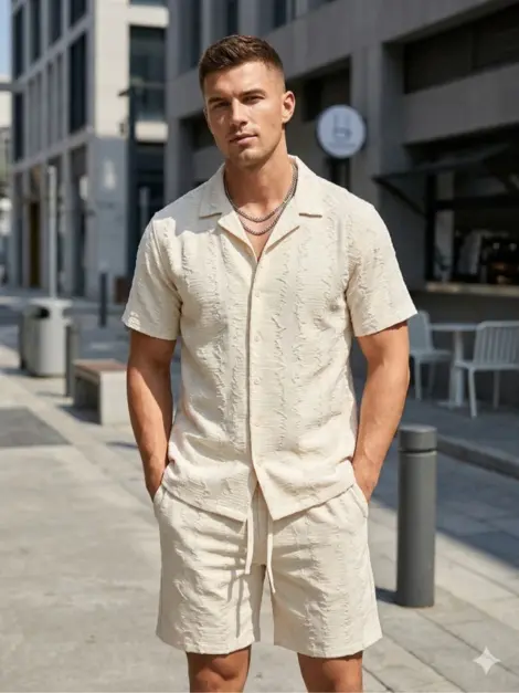 Ensemble chemise manches courte et short en lin à relief