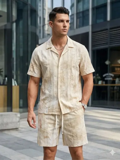 Ensemble chemise manches courte et short en lin et coton à effet délavé